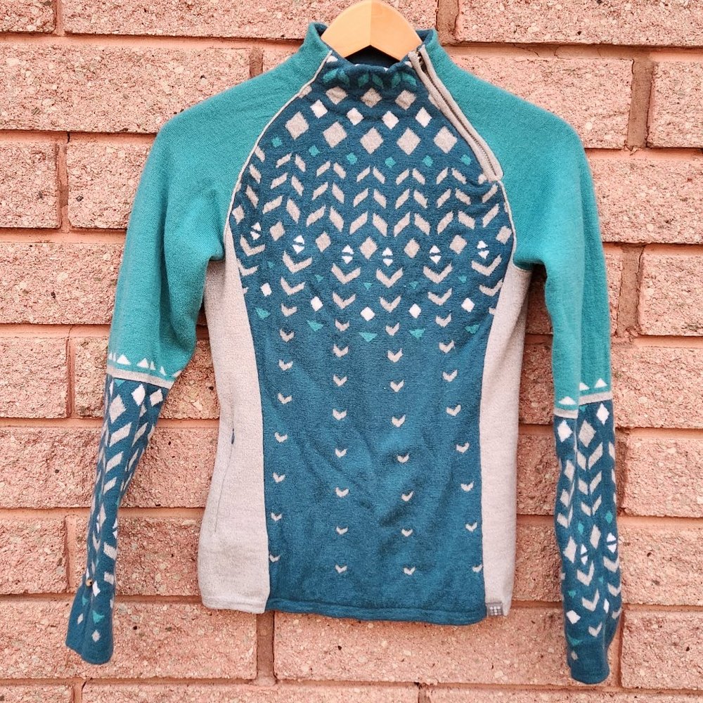 Title Nine Green Gray Geometric Print Sweater Zip Mock Neck Merino Blend Small